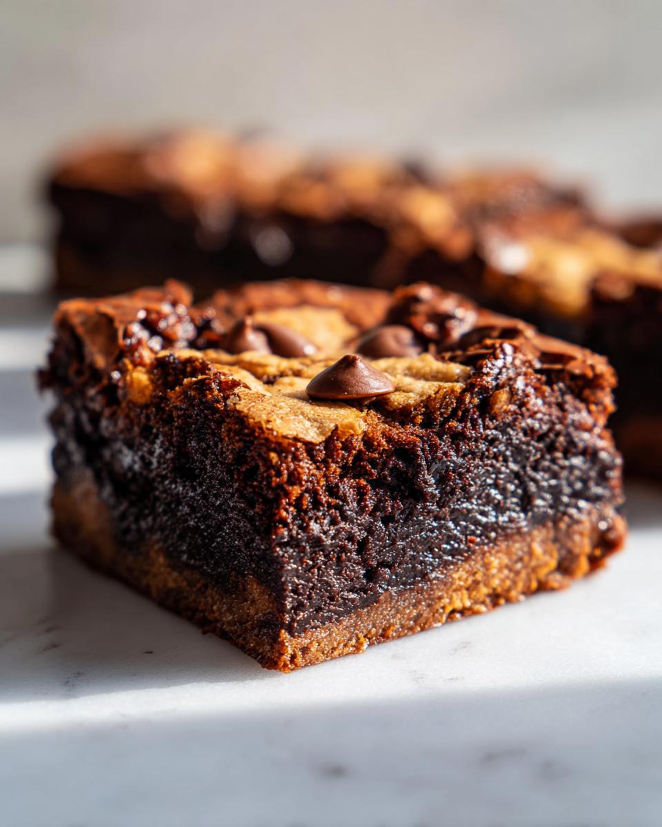 A close-up shot of a rich, fudgy brookie bar showing the distinct brownie layer and cookie top with chocolate chips.