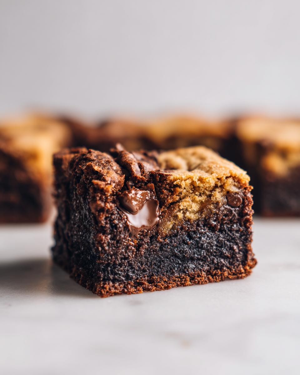 A close-up of a single, fudgy brookies bar showing the dark brownie layer and the lighter cookie layer on top.