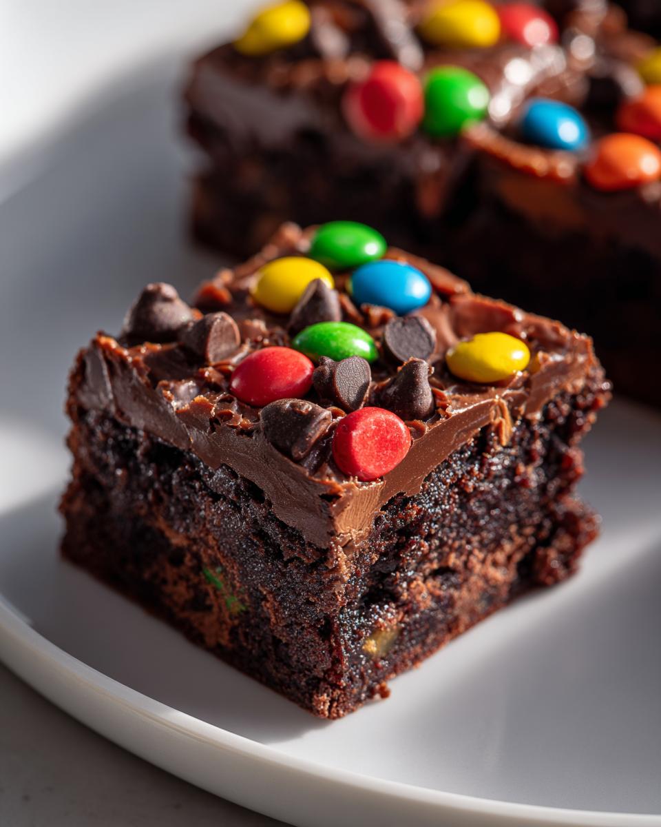 Close-up of a fudgy cosmic brownie square topped with chocolate frosting, colorful candies, and chocolate chips.