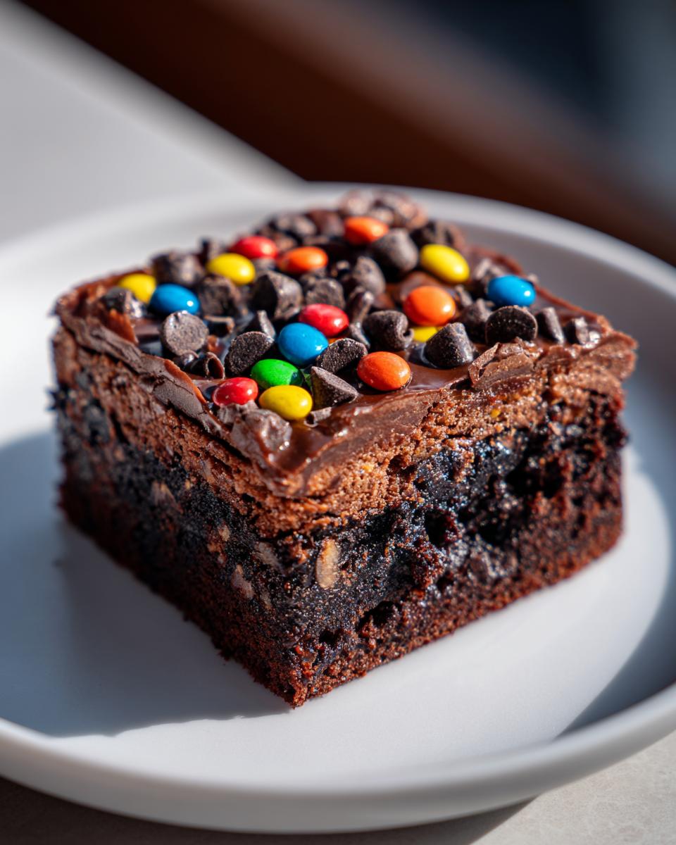 A close-up of a fudgy cosmic brownie square topped with chocolate frosting, chips, and colorful candies.