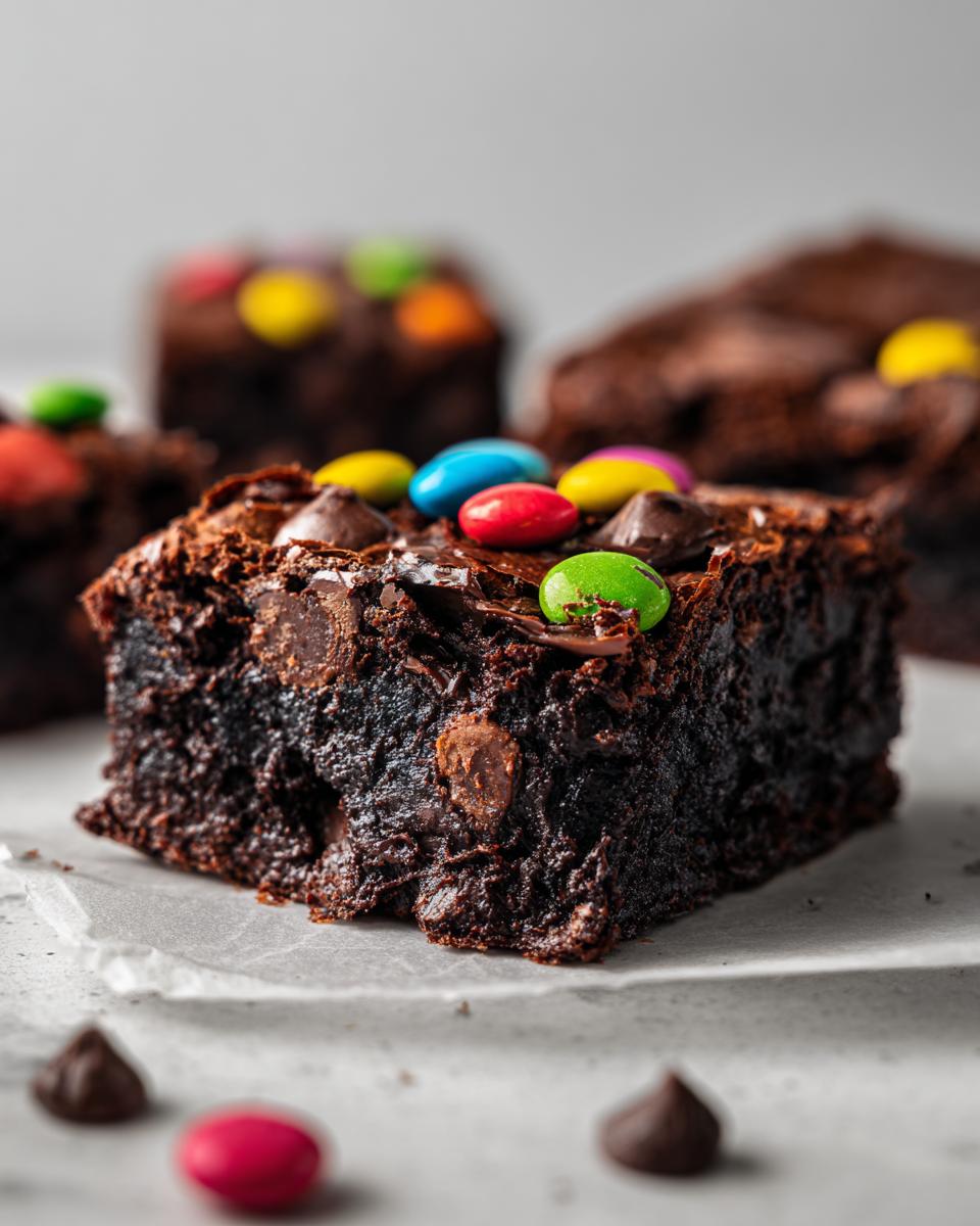 Close-up of a fudgy, dark chocolate protein cosmic brownie topped with colorful candy pieces and chocolate chips.