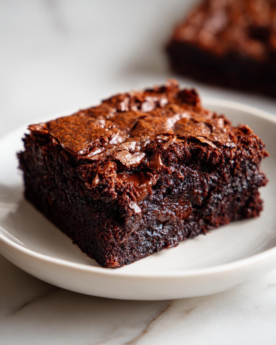 Close-up of a rich, fudgy zucchini brownies square with a cracked top and visible melted chocolate chips.