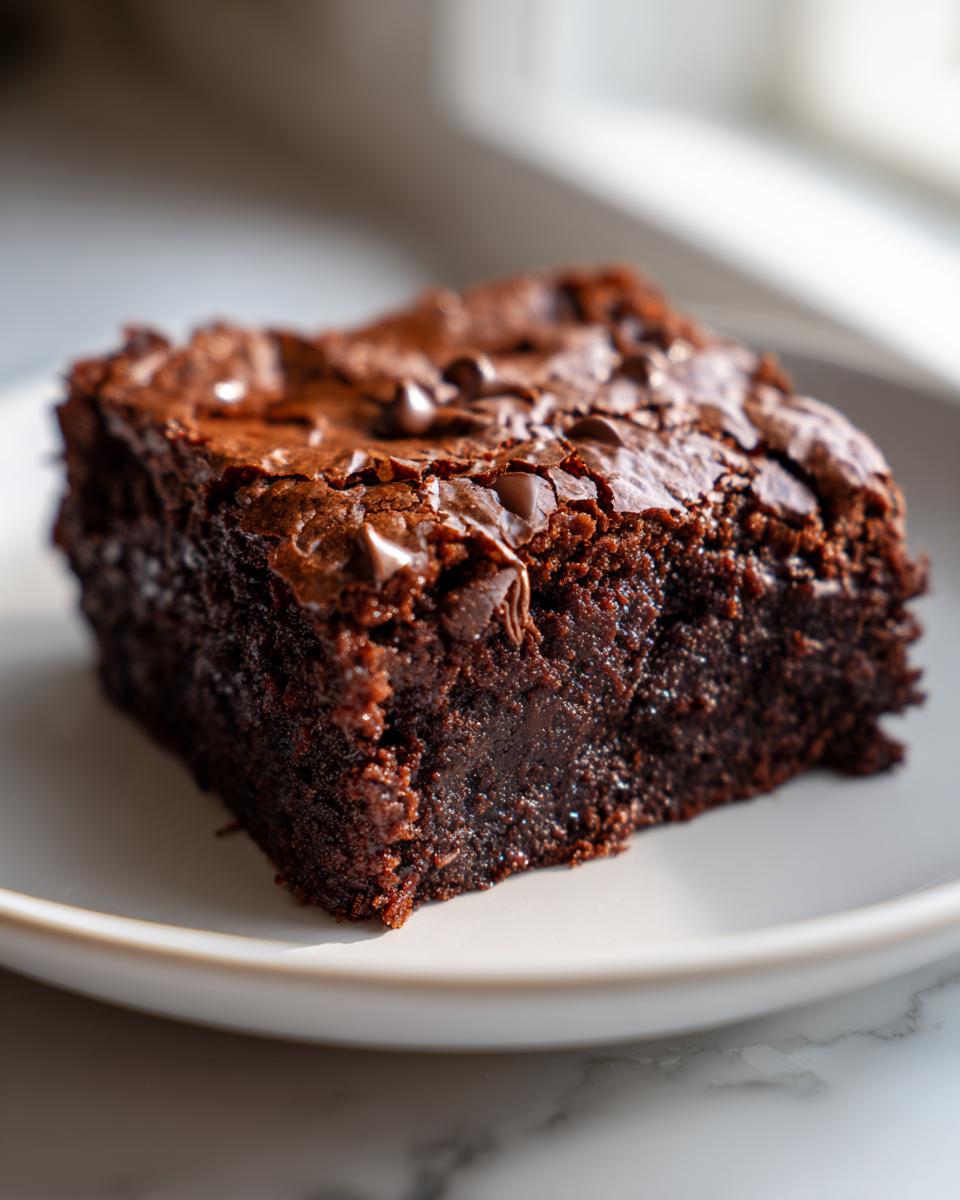 Close-up of a fudgy square of zucchini brownies topped with melted chocolate chips.