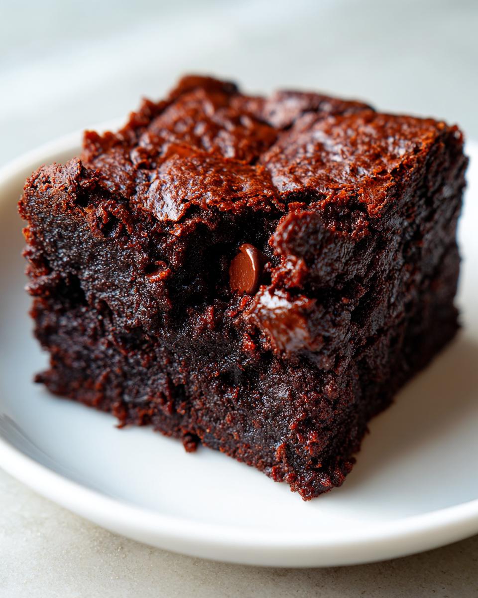 Close-up of a rich, fudgy square of zucchini brownies with a shiny top and visible chocolate chip.