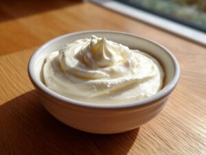 A small white bowl filled with thick, creamy homemade garlic aioli recipe, sitting on a wooden surface.
