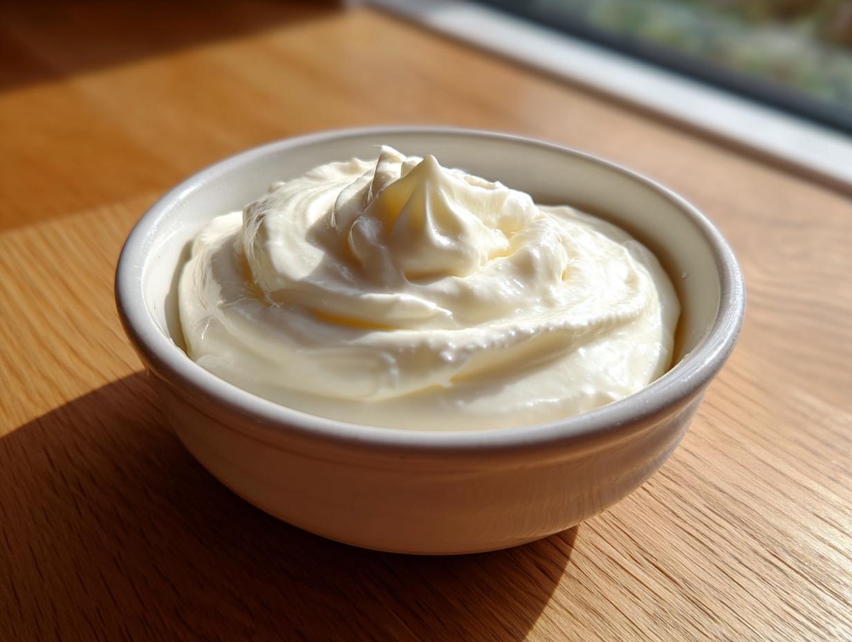 A small white bowl filled with thick, creamy homemade garlic aioli recipe, sitting on a wooden surface.