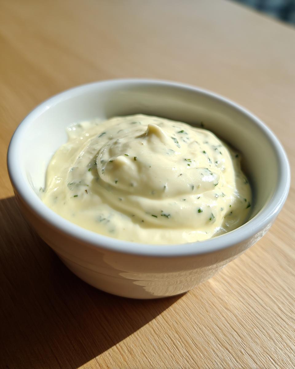 A close-up of creamy, pale yellow garlic aioli recipe without mayo, flecked with green herbs, served in a white bowl.