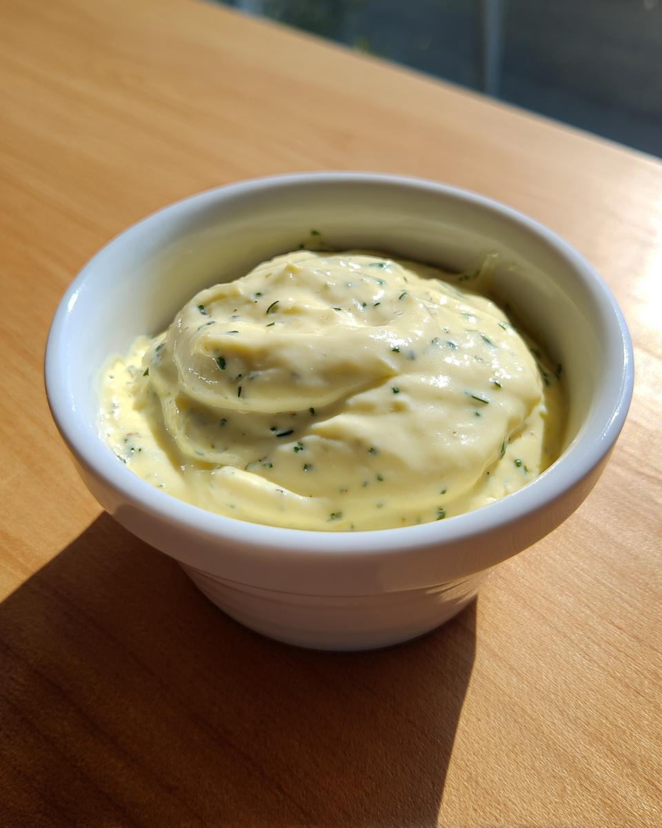 Close-up of creamy homemade garlic aioli recipe without mayo, speckled with green herbs, served in a white ramekin.