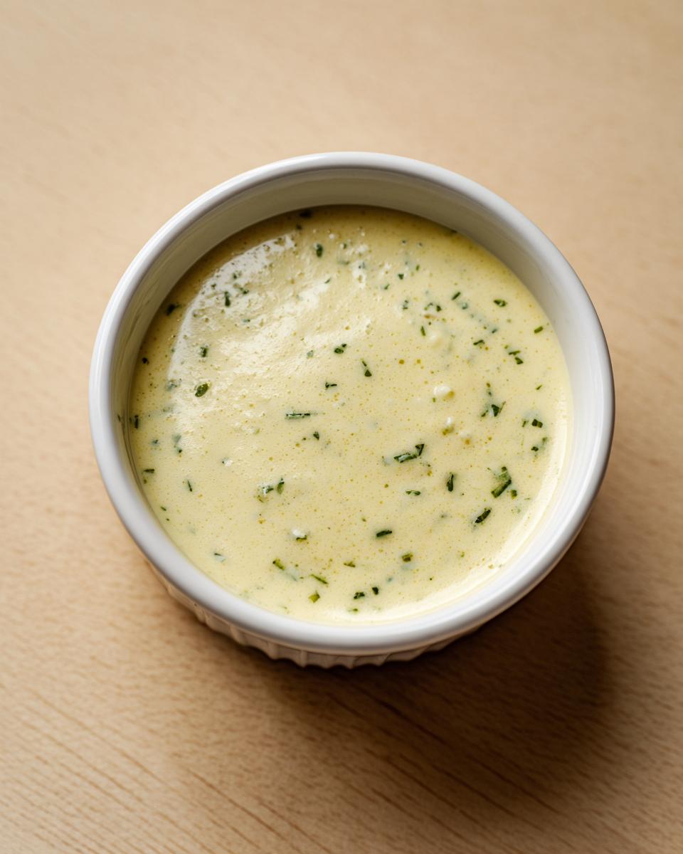 Close-up of creamy, pale yellow garlic aioli recipe without mayo, garnished with fresh green herbs in a white ramekin.