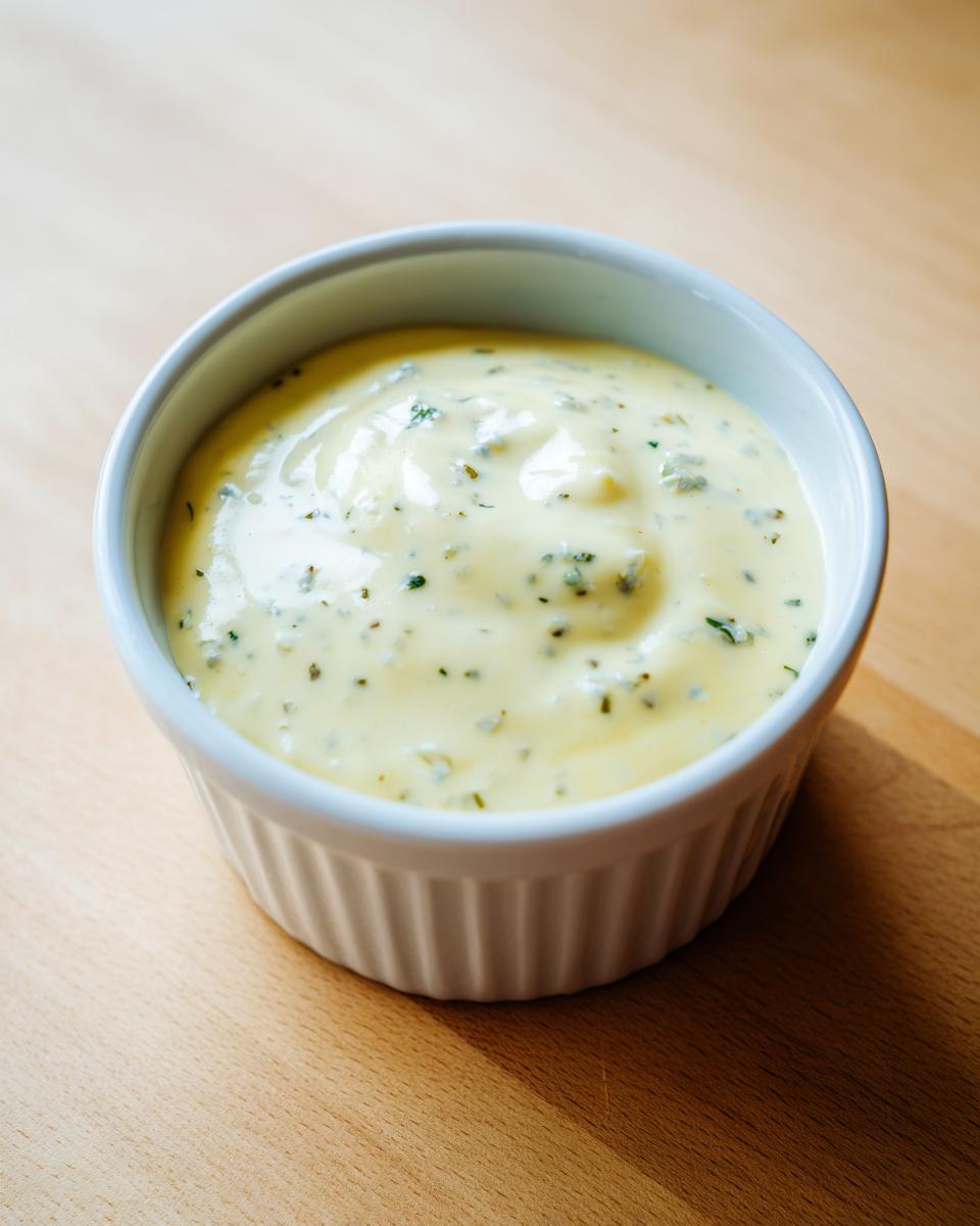 Close-up of creamy, pale yellow garlic aioli recipe without mayo, speckled with green herbs, served in a white ramekin.