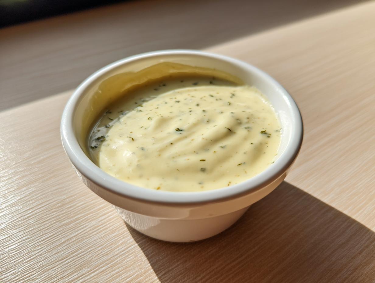 Close-up of creamy, pale yellow garlic aioli recipe without mayo speckled with green herbs in a small white ramekin.
