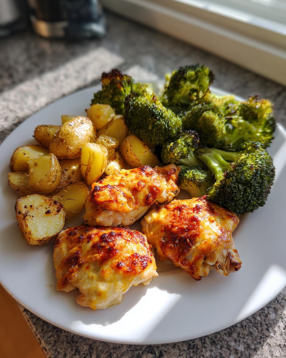 A plate featuring baked garlic parmesan chicken, roasted potatoes, and charred broccoli florets.