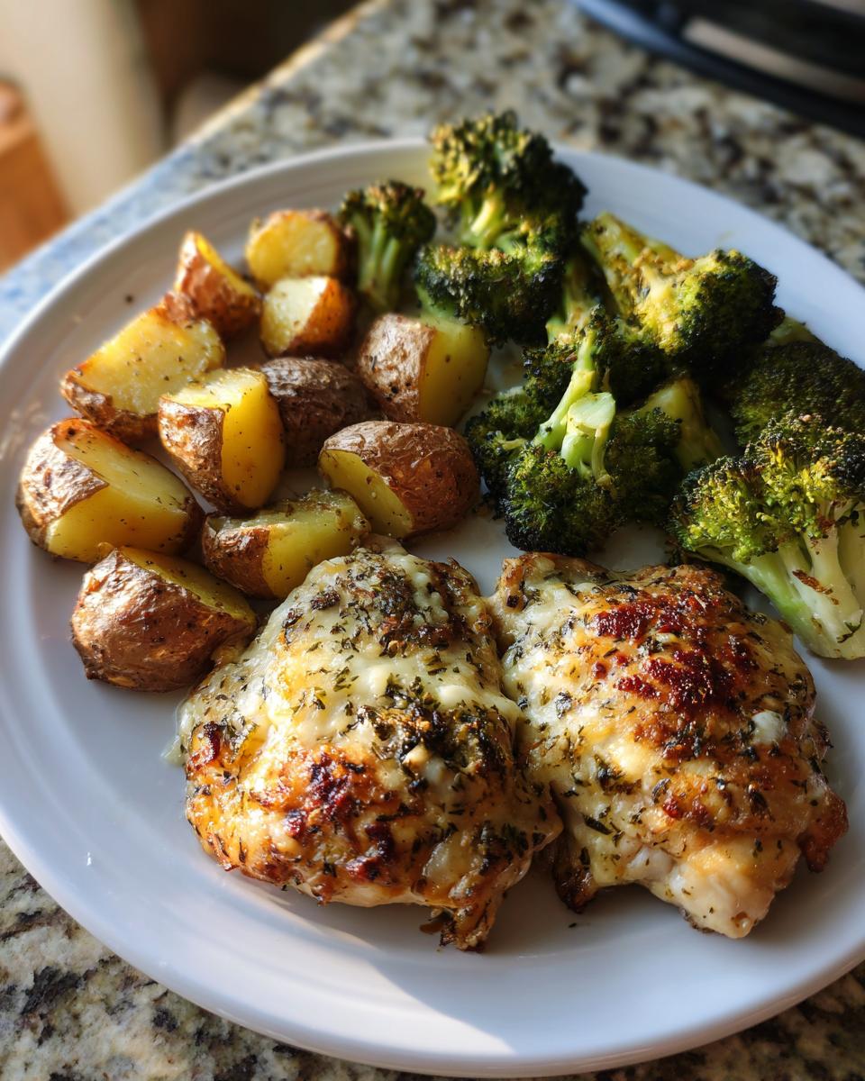 Two pieces of cheesy garlic parmesan chicken and potatoes with roasted broccoli on a white plate.