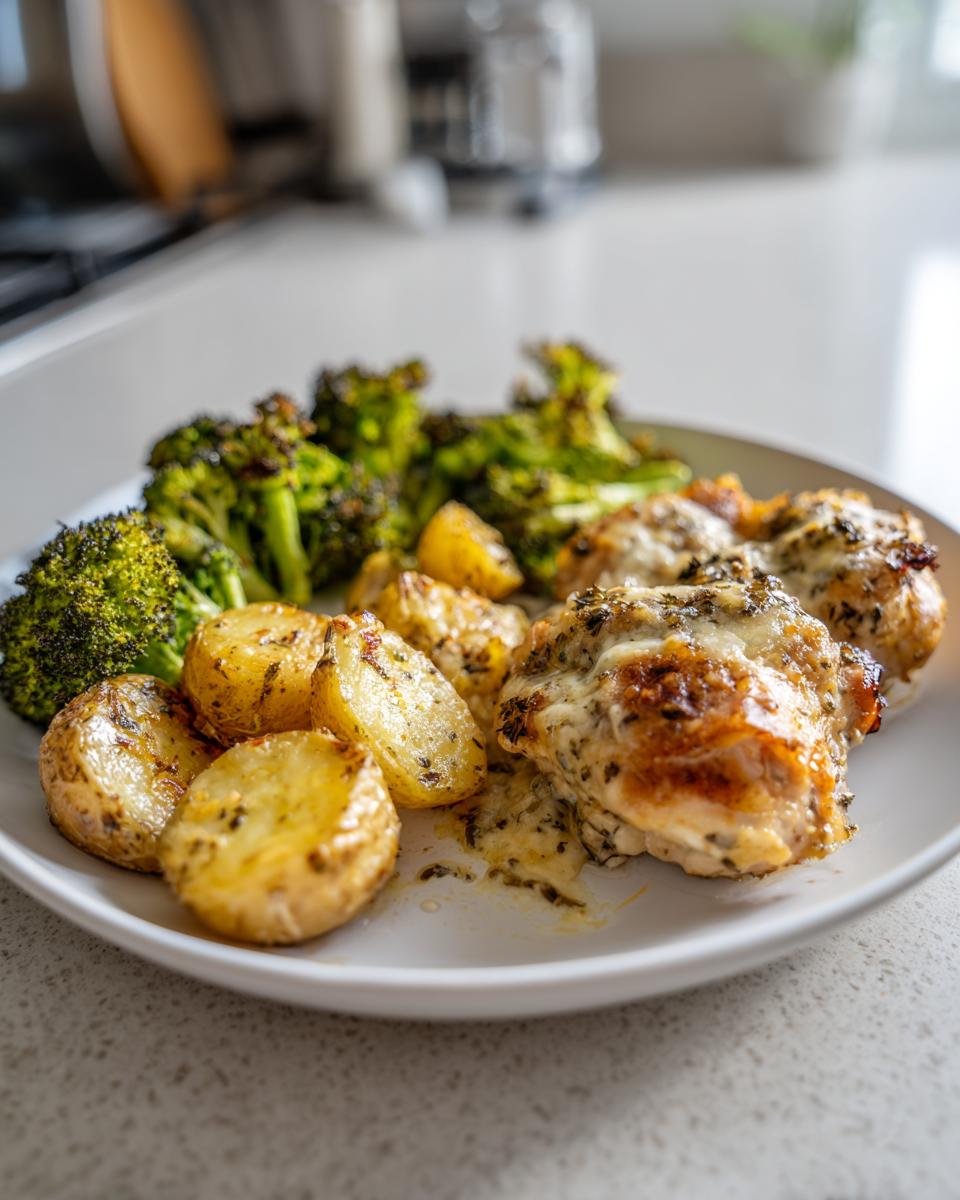 A white plate featuring garlic parmesan chicken and potatoes alongside roasted broccoli florets.