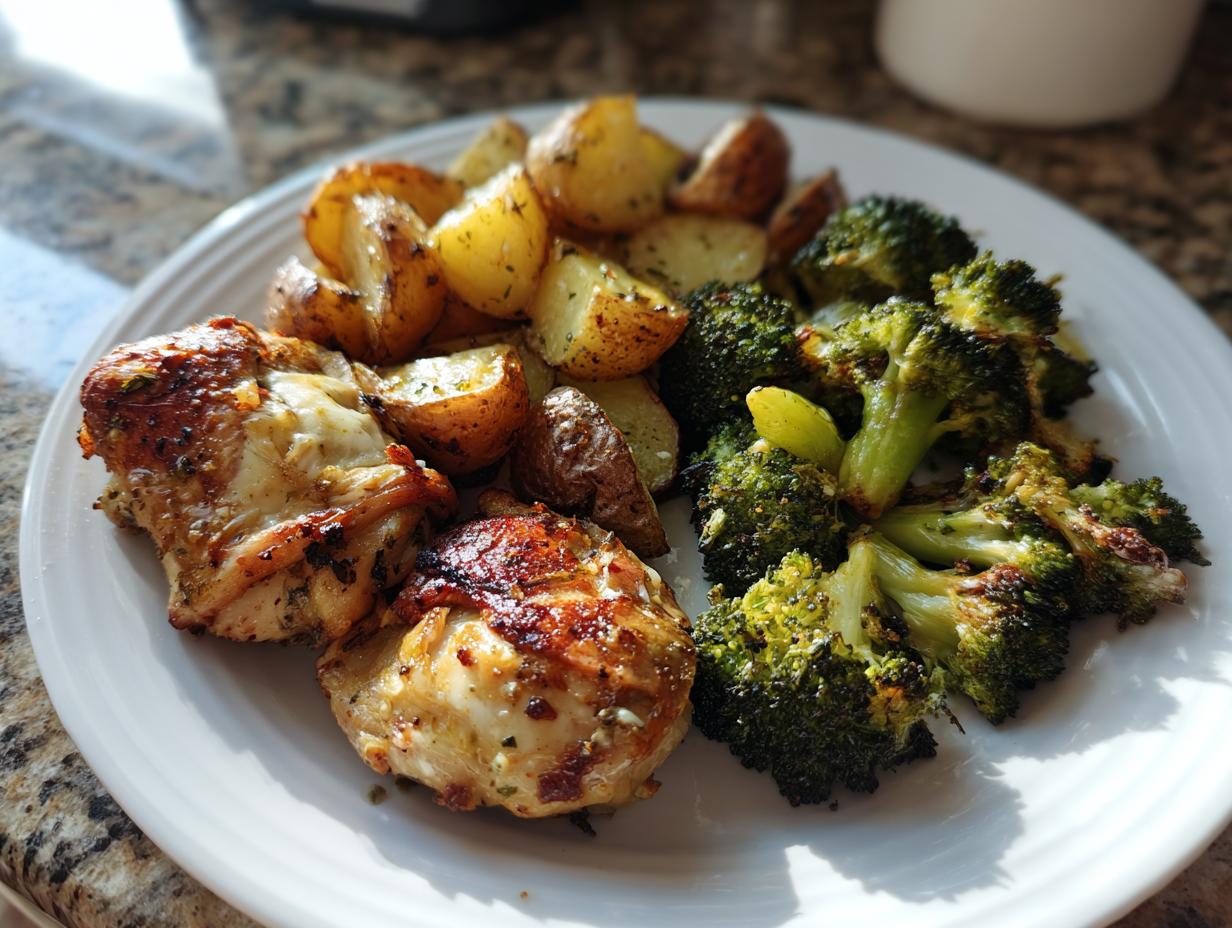 A plate featuring golden garlic parmesan chicken, roasted potatoes, and charred broccoli florets.