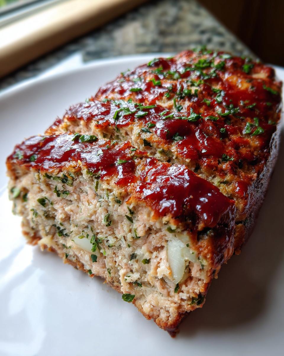 A close-up of a slice of garlic parmesan chicken meatloaf topped with a shiny red glaze and chopped parsley.