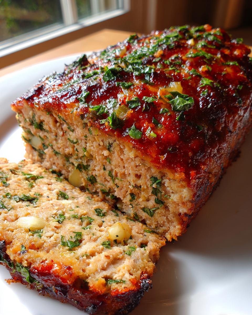 Close-up of a slice cut from a moist garlic parmesan chicken meatloaf topped with a shiny glaze and fresh parsley.
