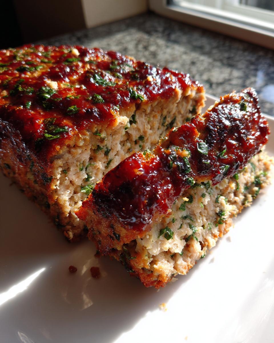 A slice cut from a juicy garlic parmesan chicken meatloaf, topped with a shiny, dark red glaze and parsley.