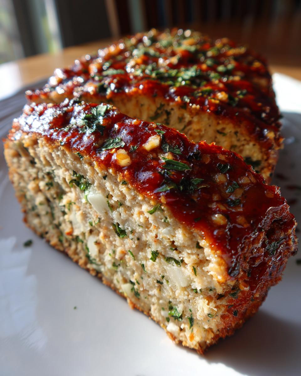 A thick slice of moist garlic parmesan chicken meatloaf topped with a shiny red glaze and fresh herbs.