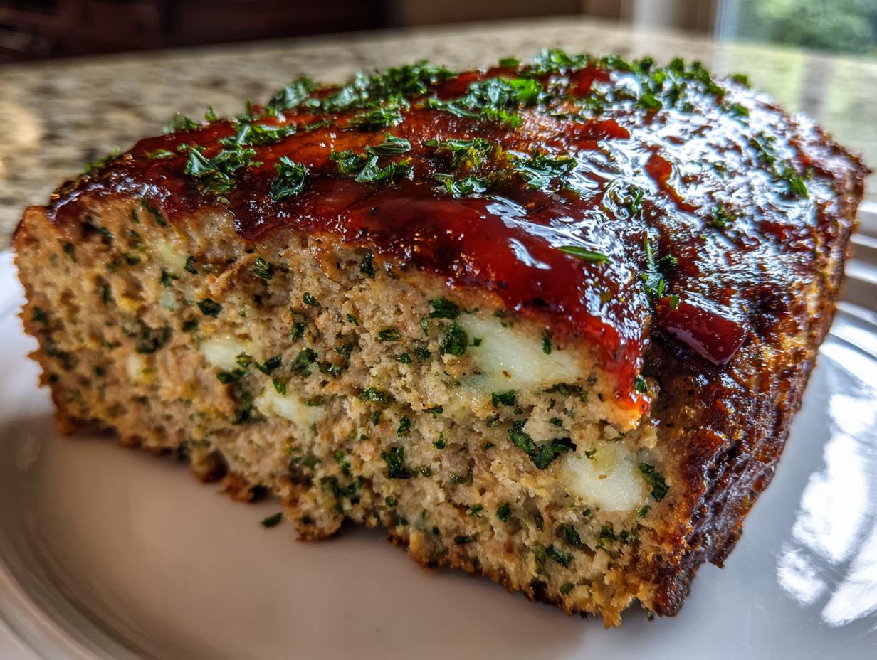 Close-up of a slice of garlic parmesan chicken meatloaf showing herbs and pockets of melted cheese inside, topped with a glaze.