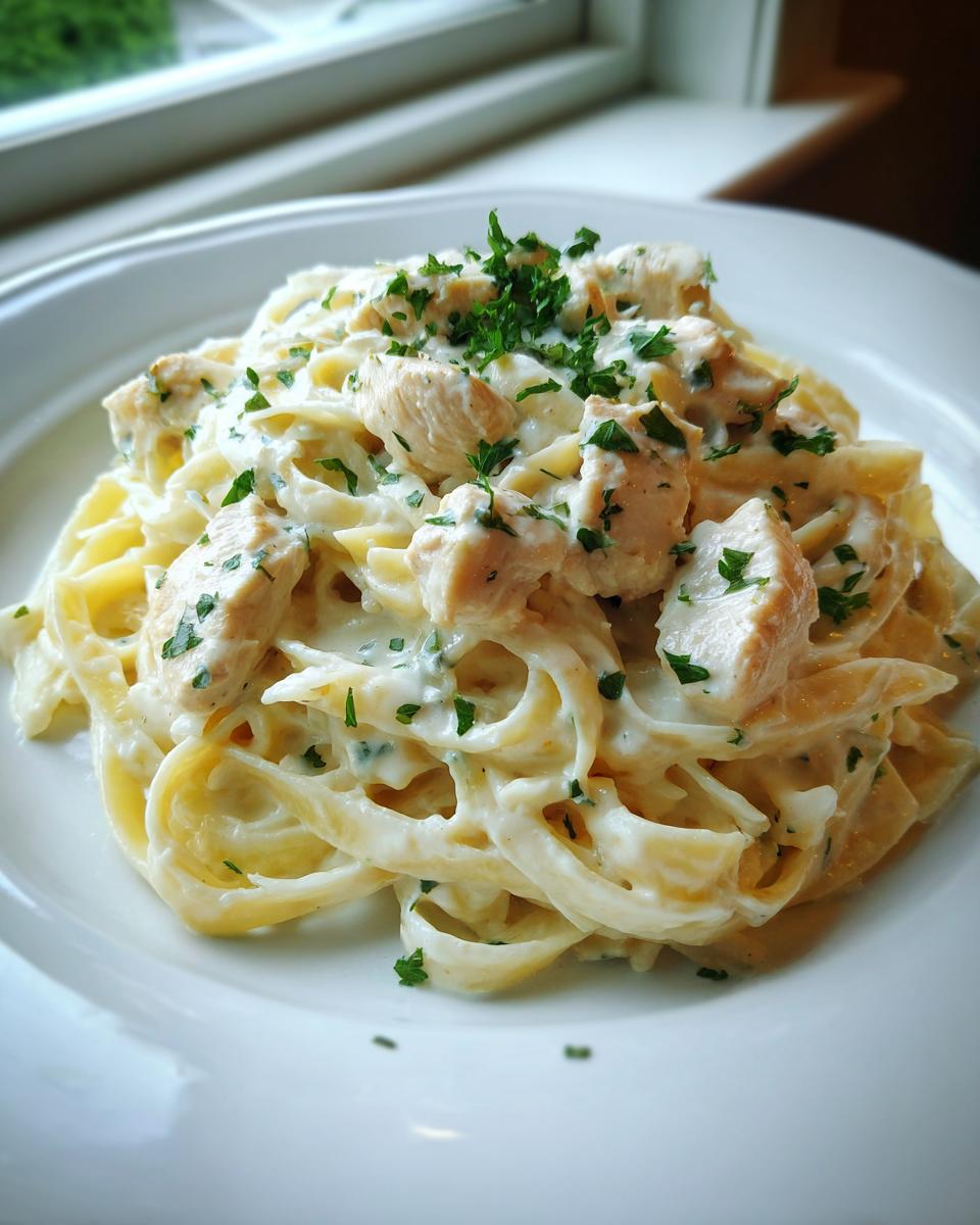 Close-up of creamy garlic parmesan chicken pasta with fettuccine noodles and diced chicken, garnished with parsley.