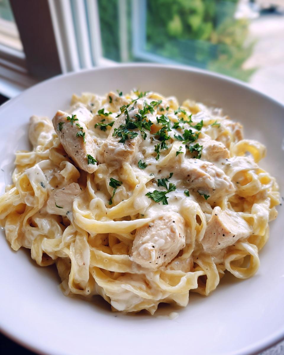 Close-up of creamy garlic parmesan chicken pasta with fettuccine, diced chicken, and fresh parsley garnish.