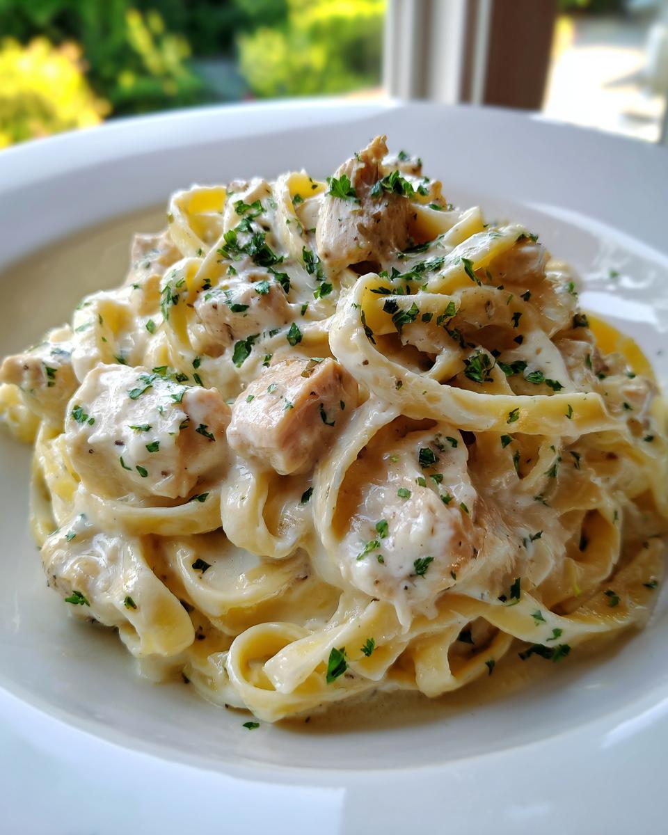 Close-up of creamy garlic parmesan chicken pasta featuring fettuccine, chunks of chicken, and fresh parsley.