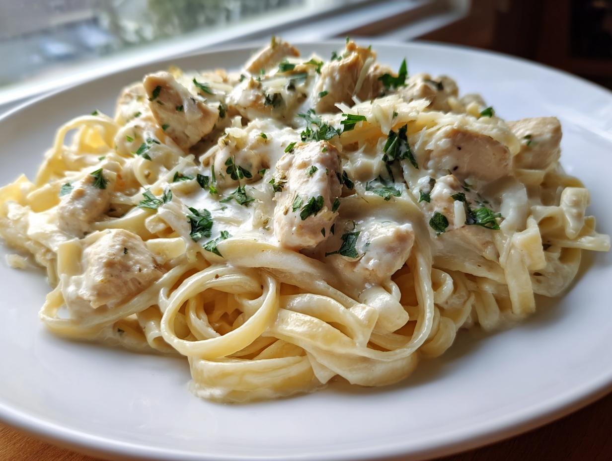 Close-up of creamy garlic parmesan chicken pasta with fettuccine noodles, topped with chicken chunks and fresh parsley.