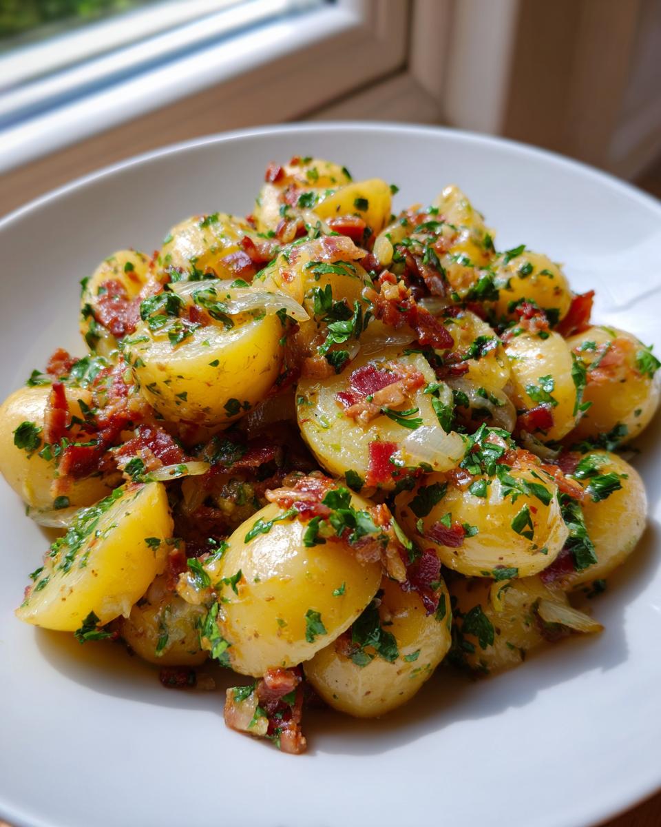 A close-up of warm German potato salad featuring halved yellow potatoes tossed with bacon bits, onions, and fresh parsley.