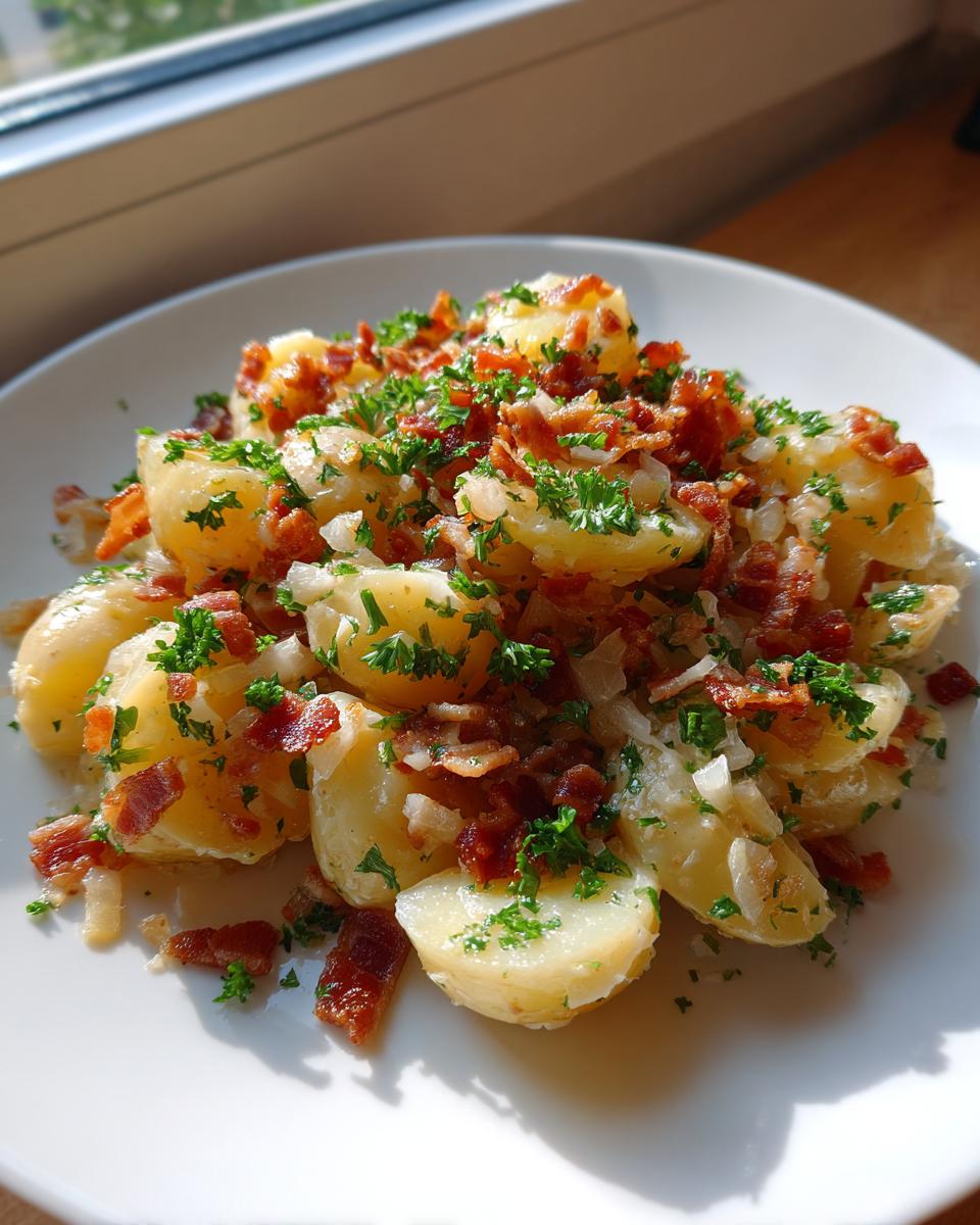Close-up of warm German potato salad featuring boiled potatoes, crispy bacon bits, onions, and fresh parsley.