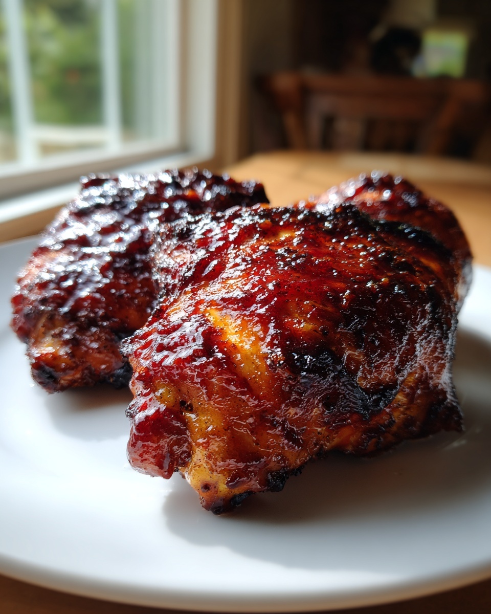Close-up of two glistening, dark glazed bbq chicken thighs resting on a white plate.