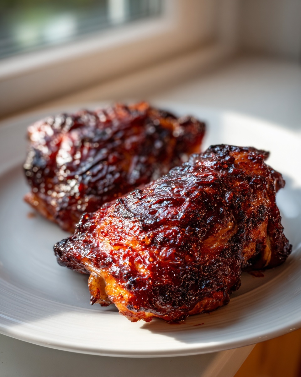 Two pieces of perfectly glazed, caramelized bbq chicken thighs resting on a white plate near a window.