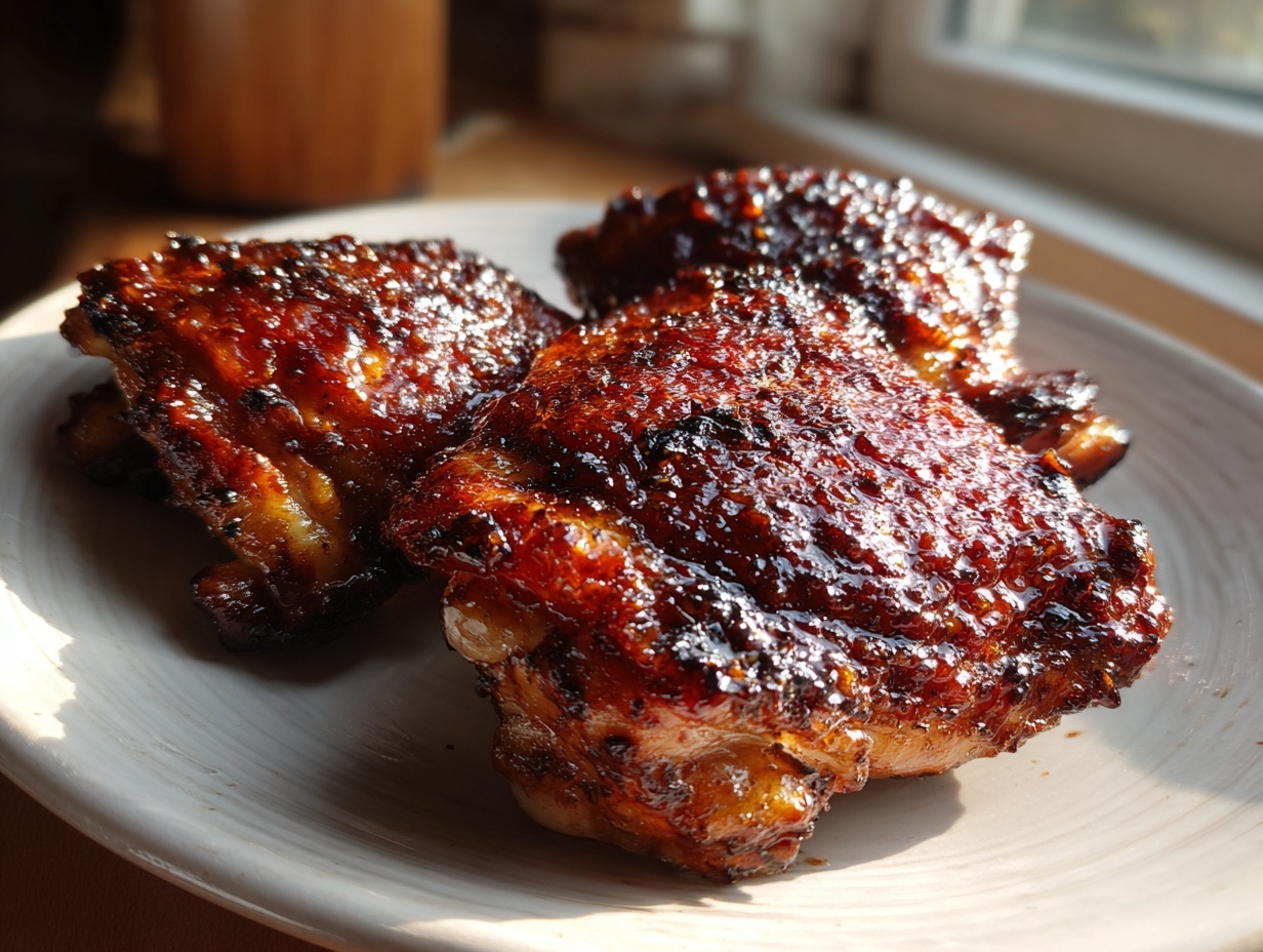 Close-up of three perfectly glazed and caramelized bbq chicken thighs resting on a light-colored plate.