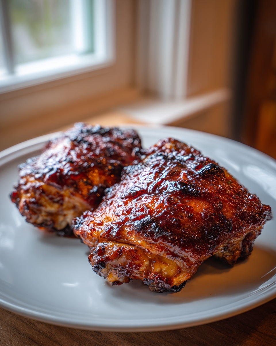 Two beautifully glazed and caramelized bbq chicken thighs resting on a white plate.