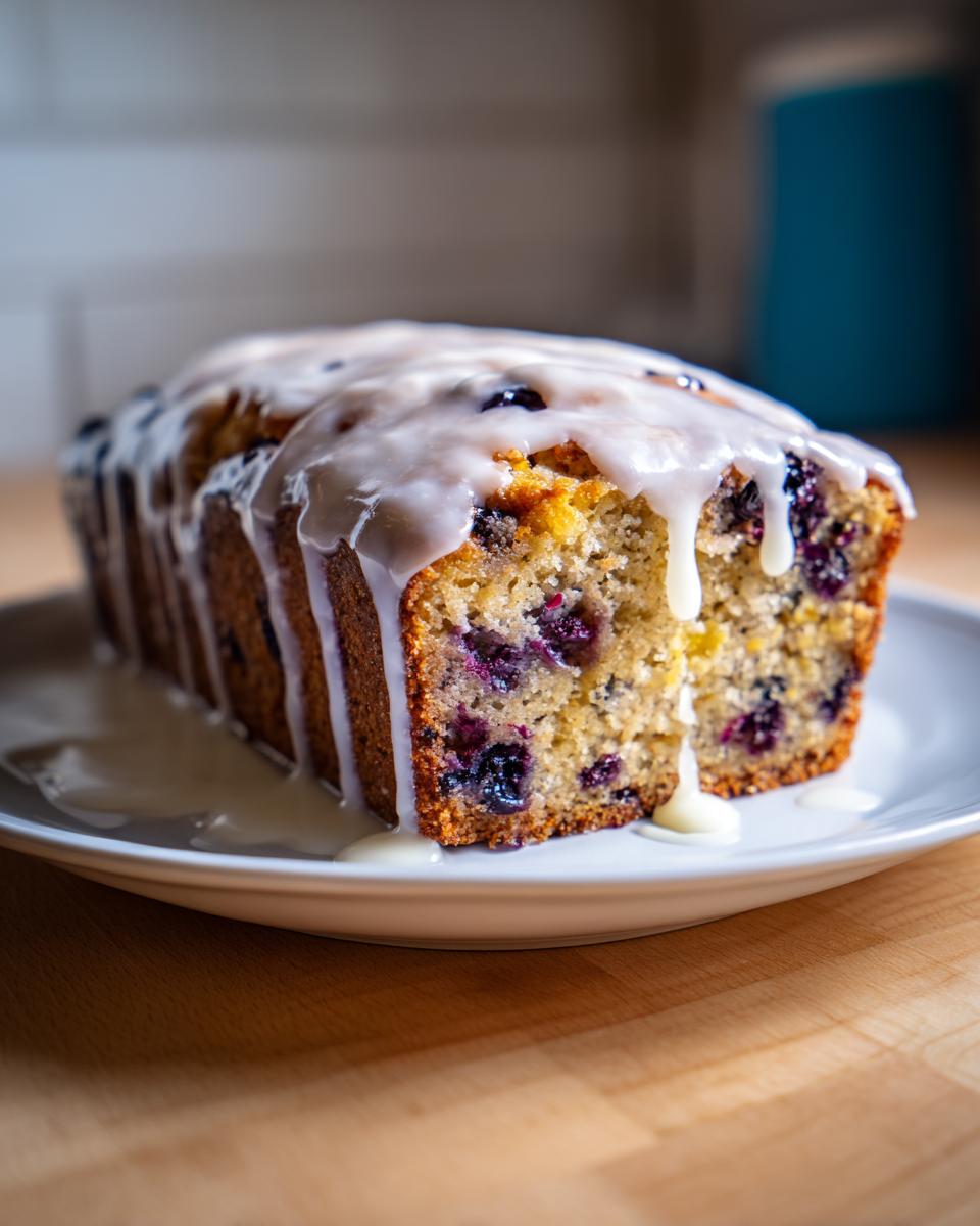 A moist loaf of blueberry zucchini bread topped with thick white glaze dripping down the sides.