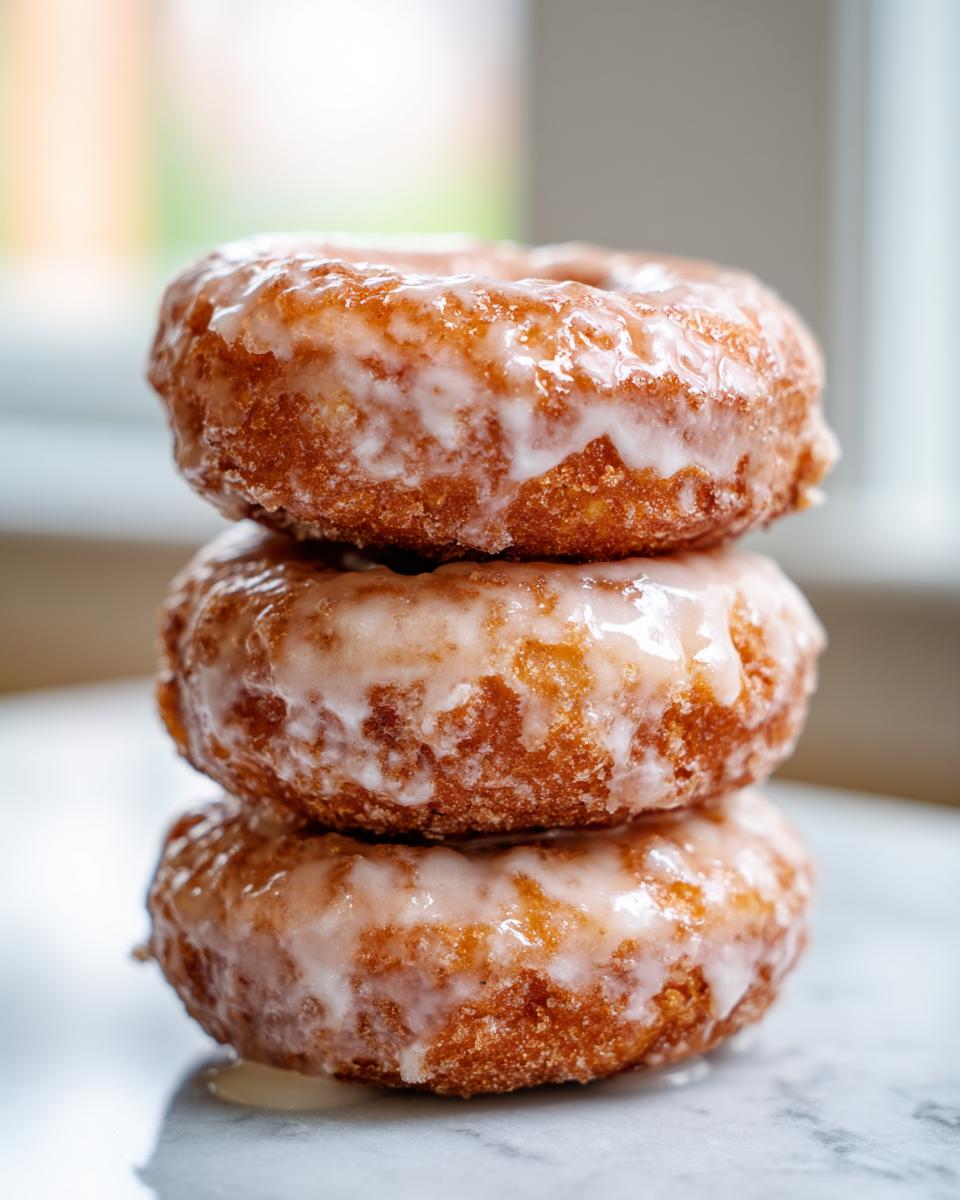 A vertical stack of three freshly glazed cake donuts with a shiny white icing.