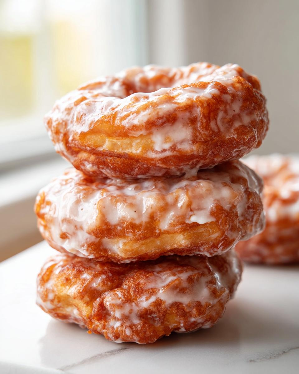 A vertical stack of three golden brown, glazed cake donuts resting on a white surface.