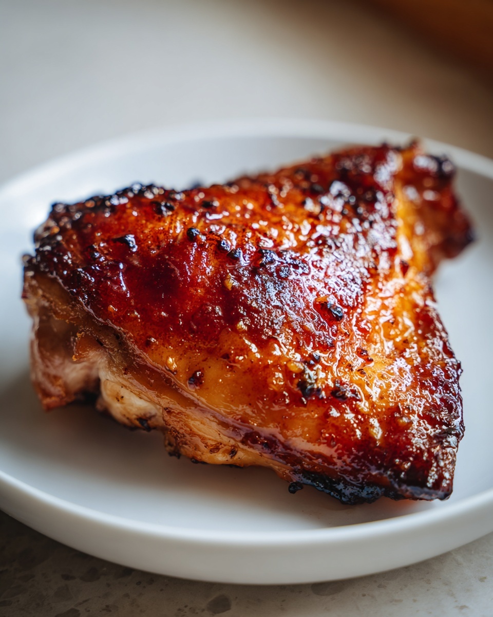 Close-up of a single, perfectly glazed and caramelized chicken thigh resting on a white plate.