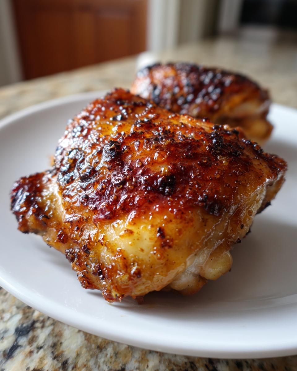 Close-up of two beautifully glazed and caramelized chicken thighs on a white plate.