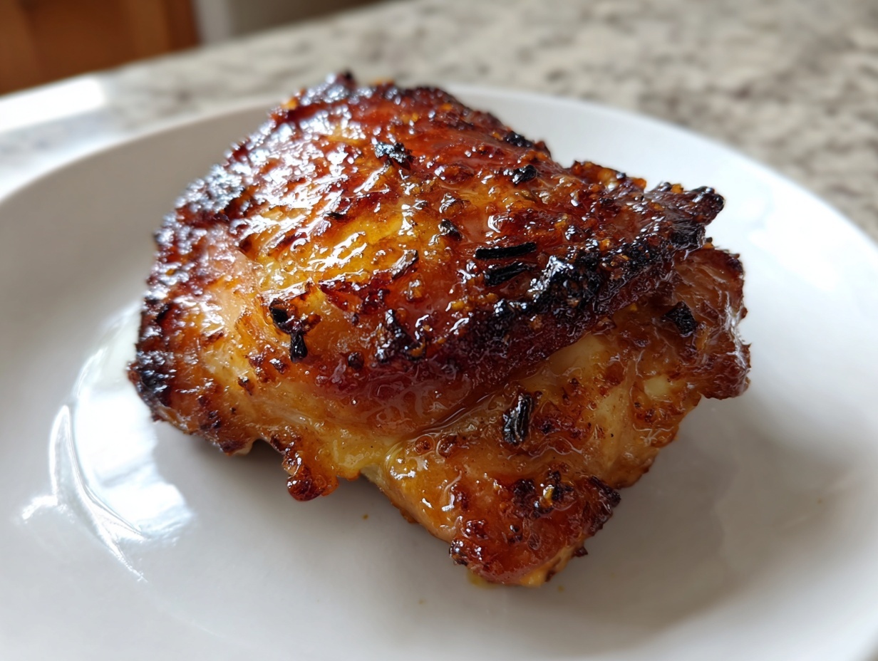Close-up of a perfectly cooked, glazed, and caramelized chicken thighs piece on a white plate.