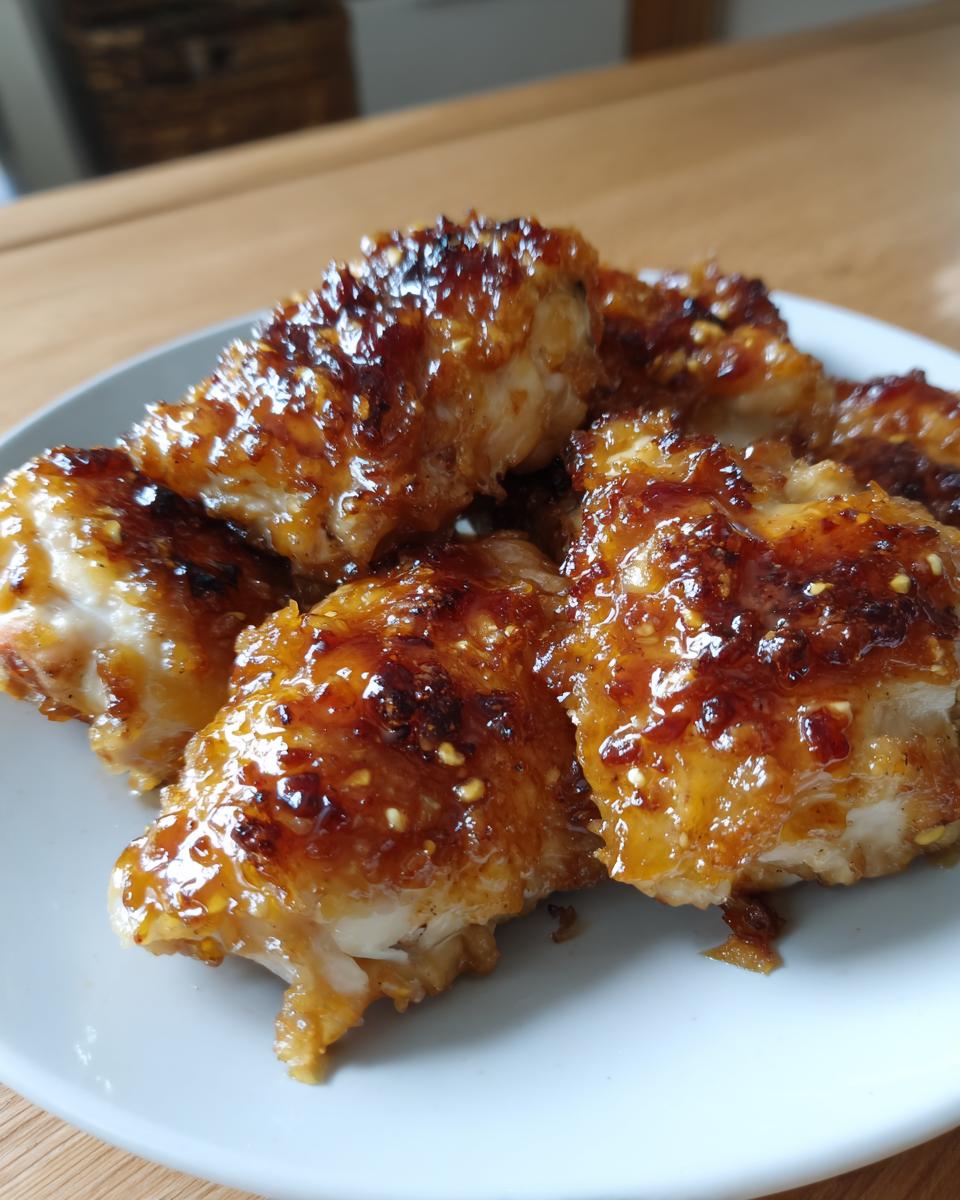 Close-up of sticky, glazed honey dijon chicken pieces piled on a white plate.