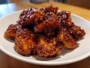 Close-up of sticky, glazed pieces of honey dijon chicken piled on a white serving plate.