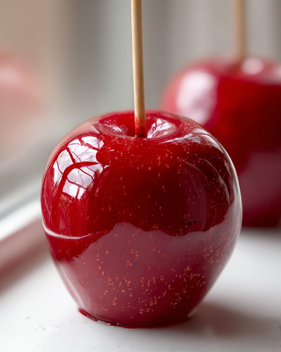 Close-up of a vibrant, glossy red candy apple on a stick, showing slight cracks in the glaze.