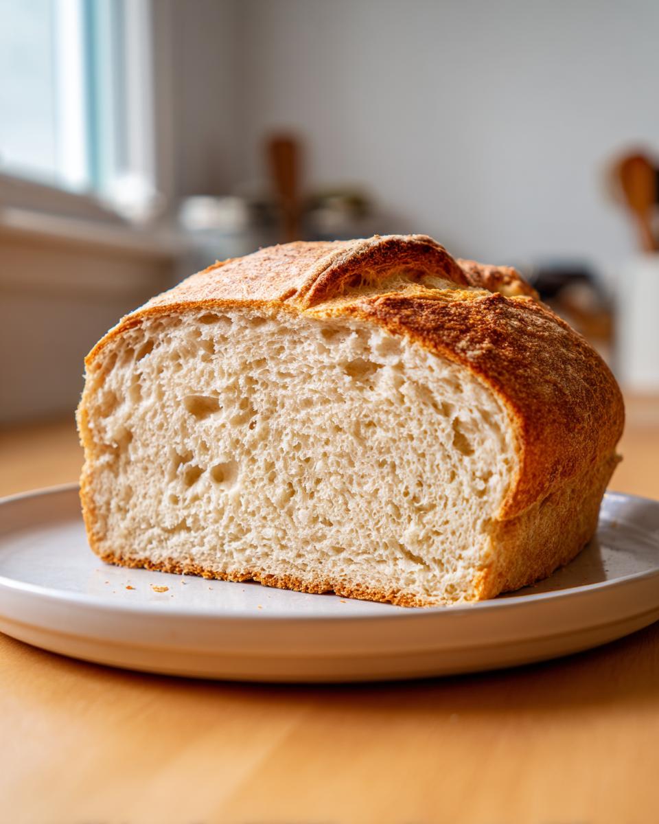 Close-up of a loaf of gluten free beer bread, sliced open to show the soft, airy crumb and golden crust.