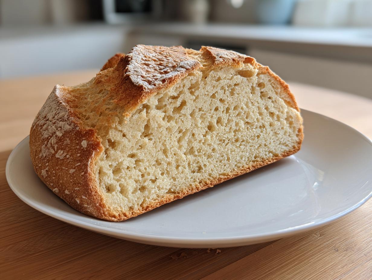 Cross-section view of a freshly baked gluten free beer bread loaf showing its airy crumb texture on a white plate.