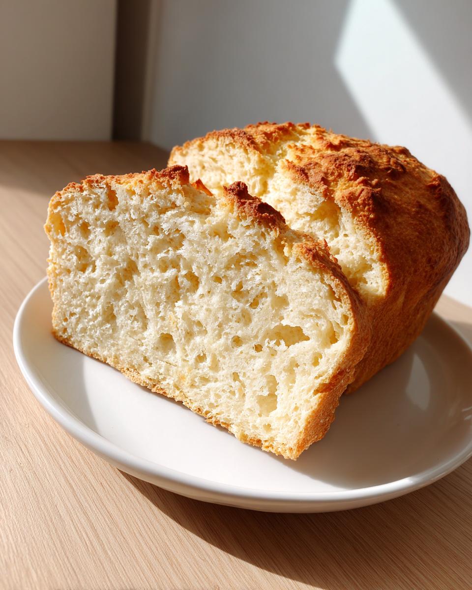 A loaf of gluten free beer bread, sliced to show the soft, airy interior and golden crust.