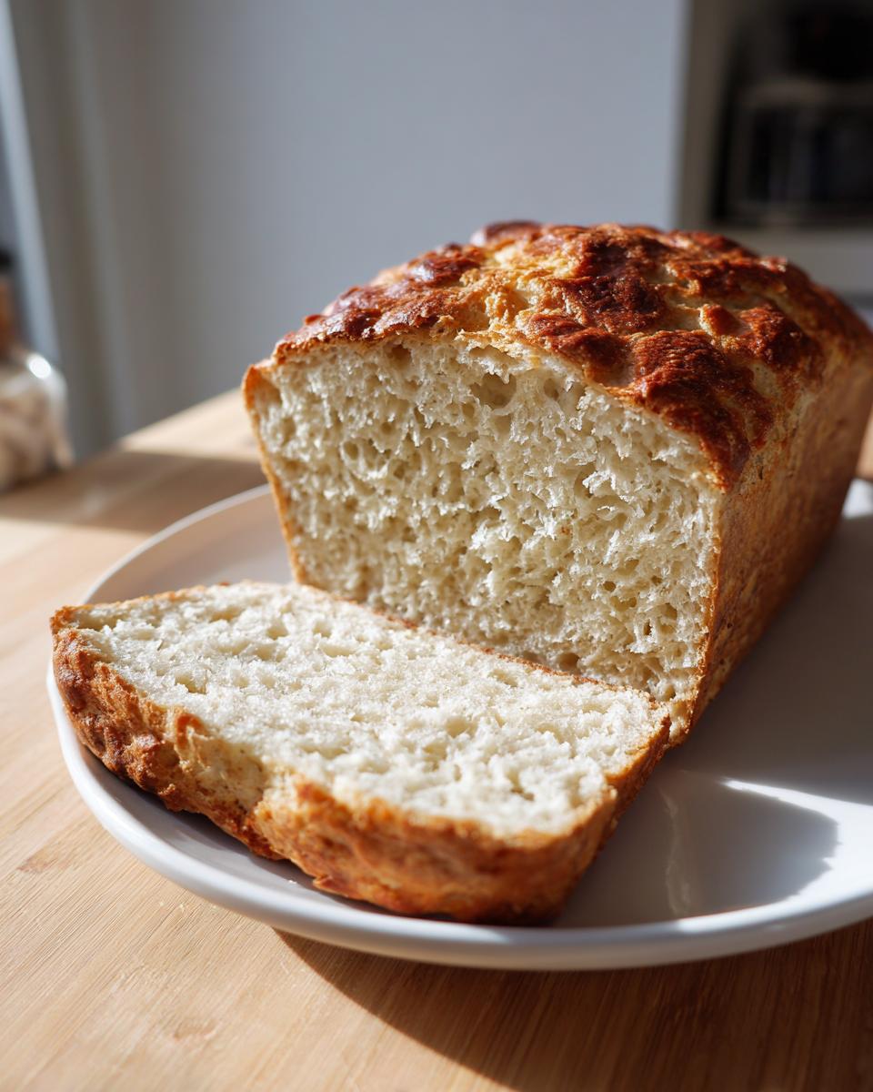 A freshly baked loaf of gluten free beer bread, sliced open to show the soft interior, resting on a white plate.