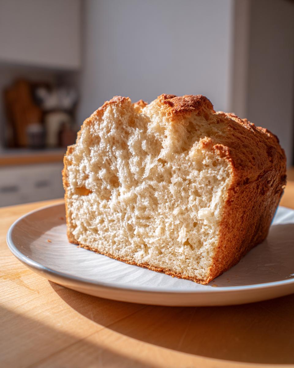 Close-up of a thick slice of gluten free beer bread showing its soft, airy interior and golden crust.