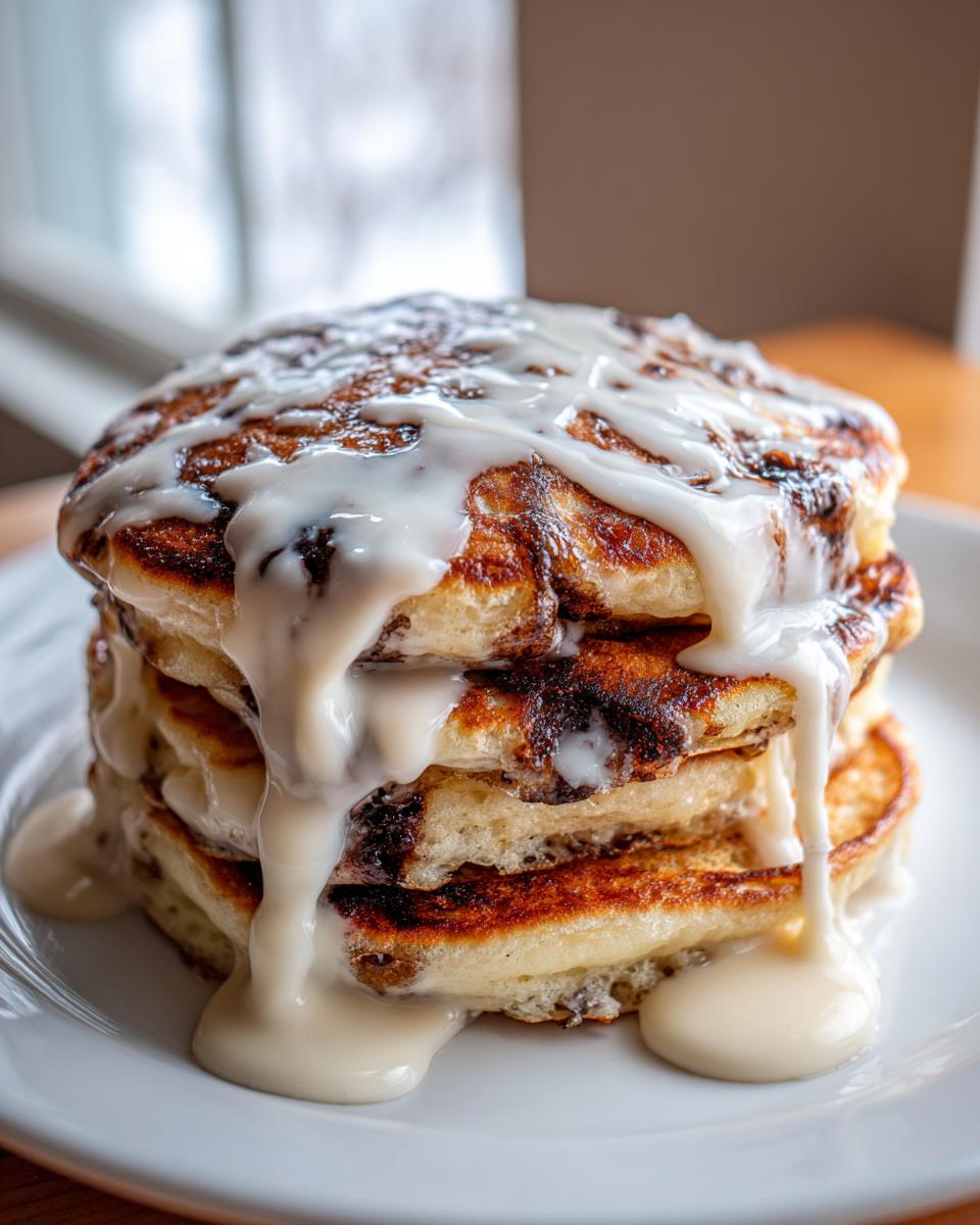 Close-up of a tall stack of gluten free cinnamon roll pancakes dripping with white cream cheese icing.