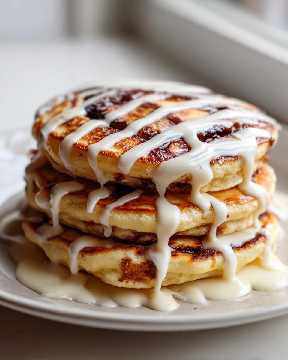 A tall stack of golden gluten free cinnamon roll pancakes drizzled heavily with white cream cheese icing.